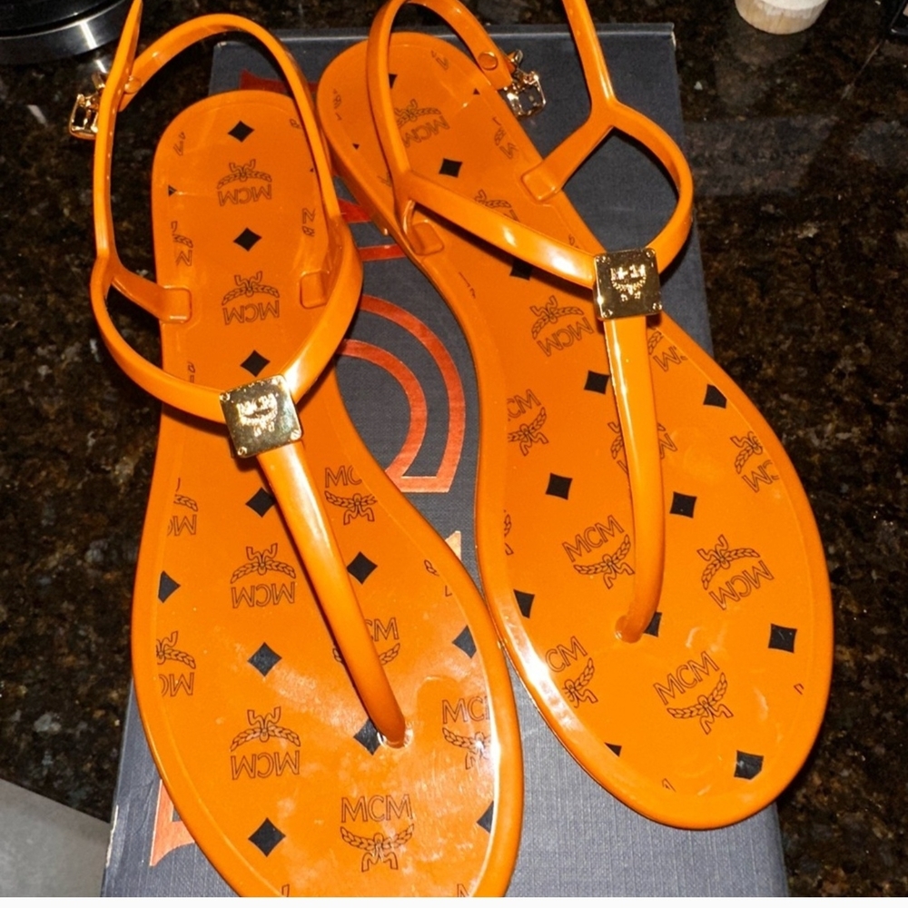 MCM Bright Orange Sandals with Gold Detail